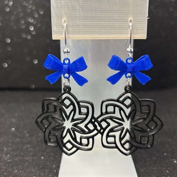 Geometric Black and Blue Bow Dangle Earrings - Picture 3 of 5